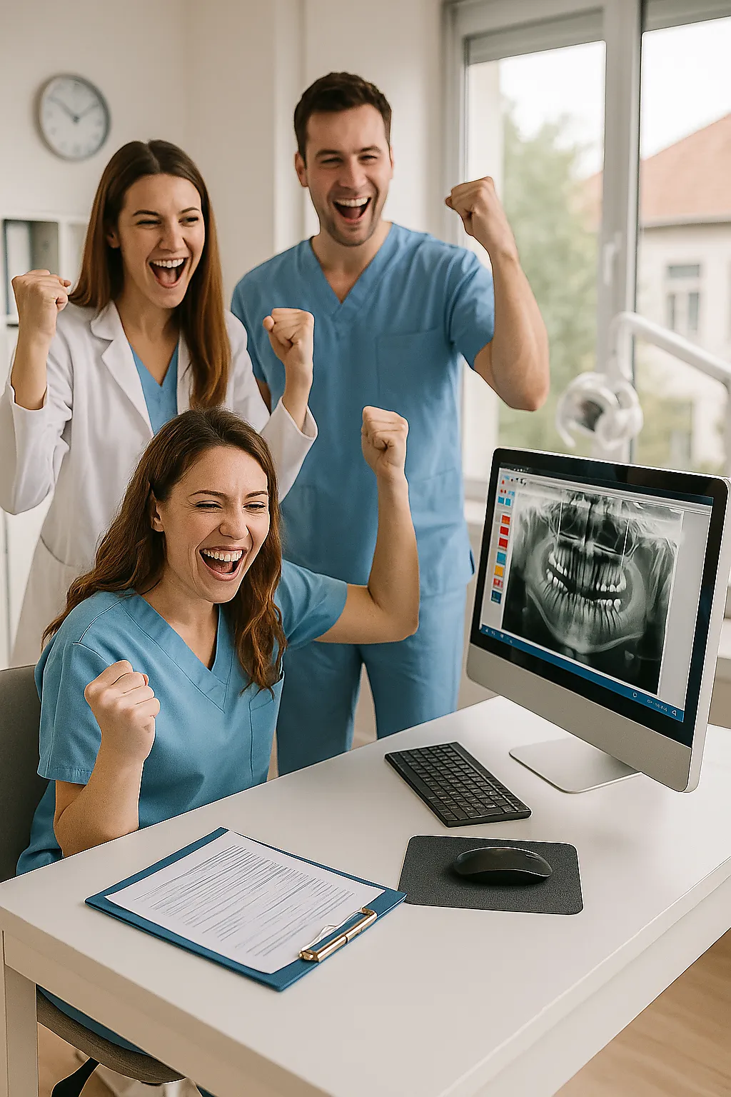Equipe de uma clínica odontológica comemorando o aumento da produtividade