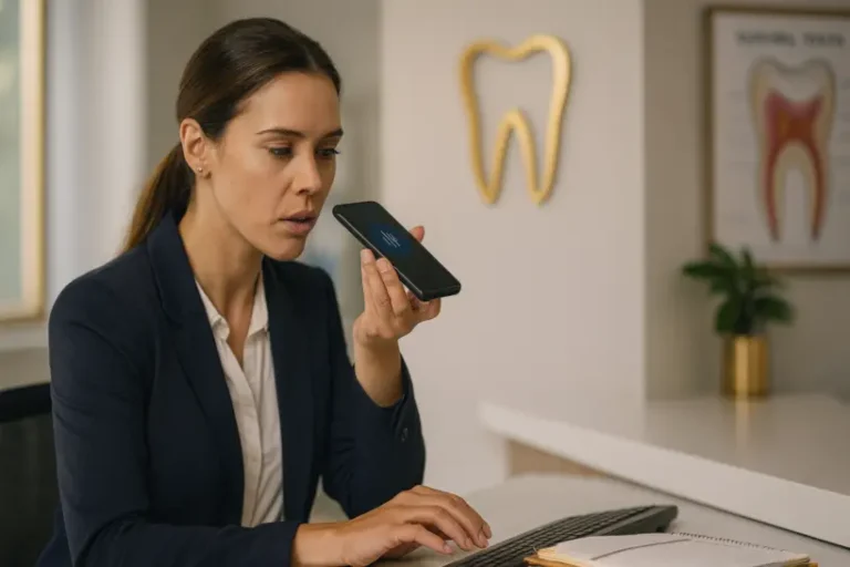 mulher em clínica odontológica falando em telefone