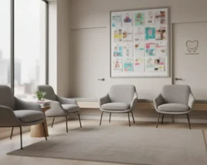 imagem de clínica odontológica com mural de imagens