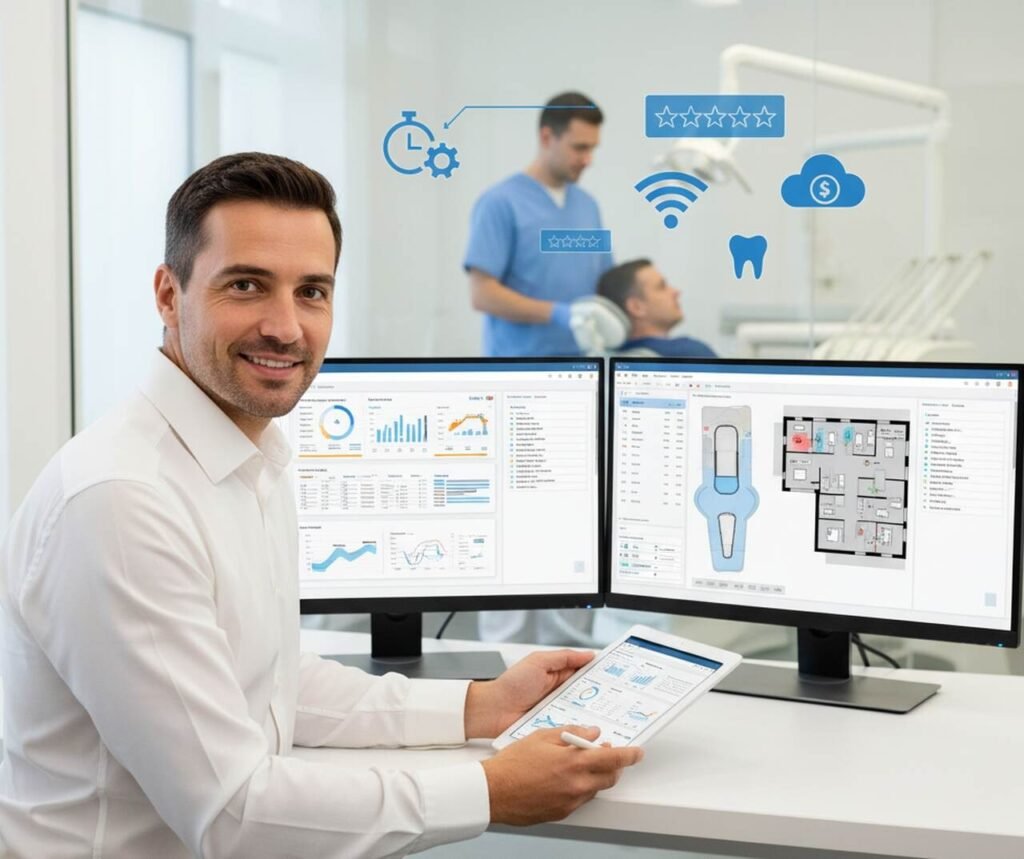 homem na frente de dois computadores fazendo gestão de clínica odontológica