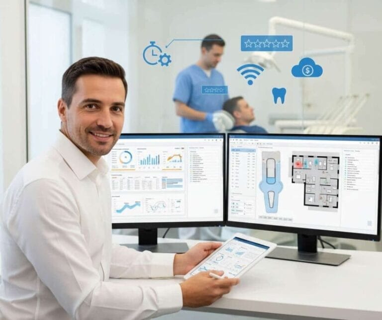 homem de frente para computador com duas telas em clínica odontológica