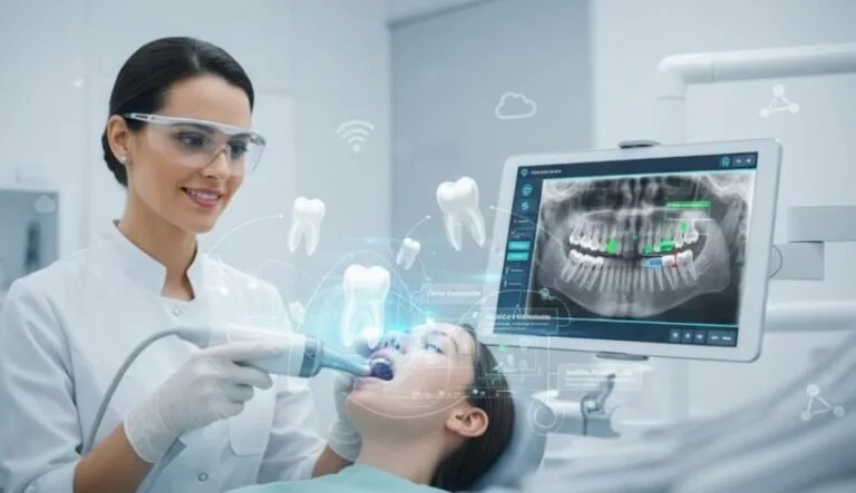 imagem futurista de mulher realizando procedimento odontológico em paciente