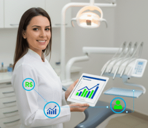 mulher em clínica odontológica segurando tablet com crescimento gráfico