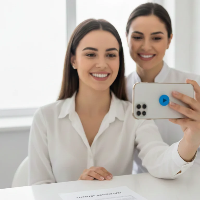 Paciente odontológica em Selfie para depoimento
