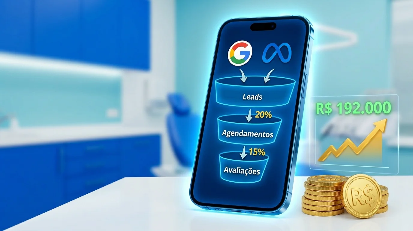 Tráfego pago para clínica odontológica em um smartphone com funil de vendas reverso mostrando Leads, Agendamentos e Avaliações, logos do Google e Meta, moedas com símbolo R$ e gráfico de faturamento crescente.
