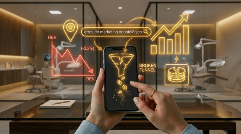 Imagem de uma mão segurando um smarthponhe e vendo os erros de marketing odontologico