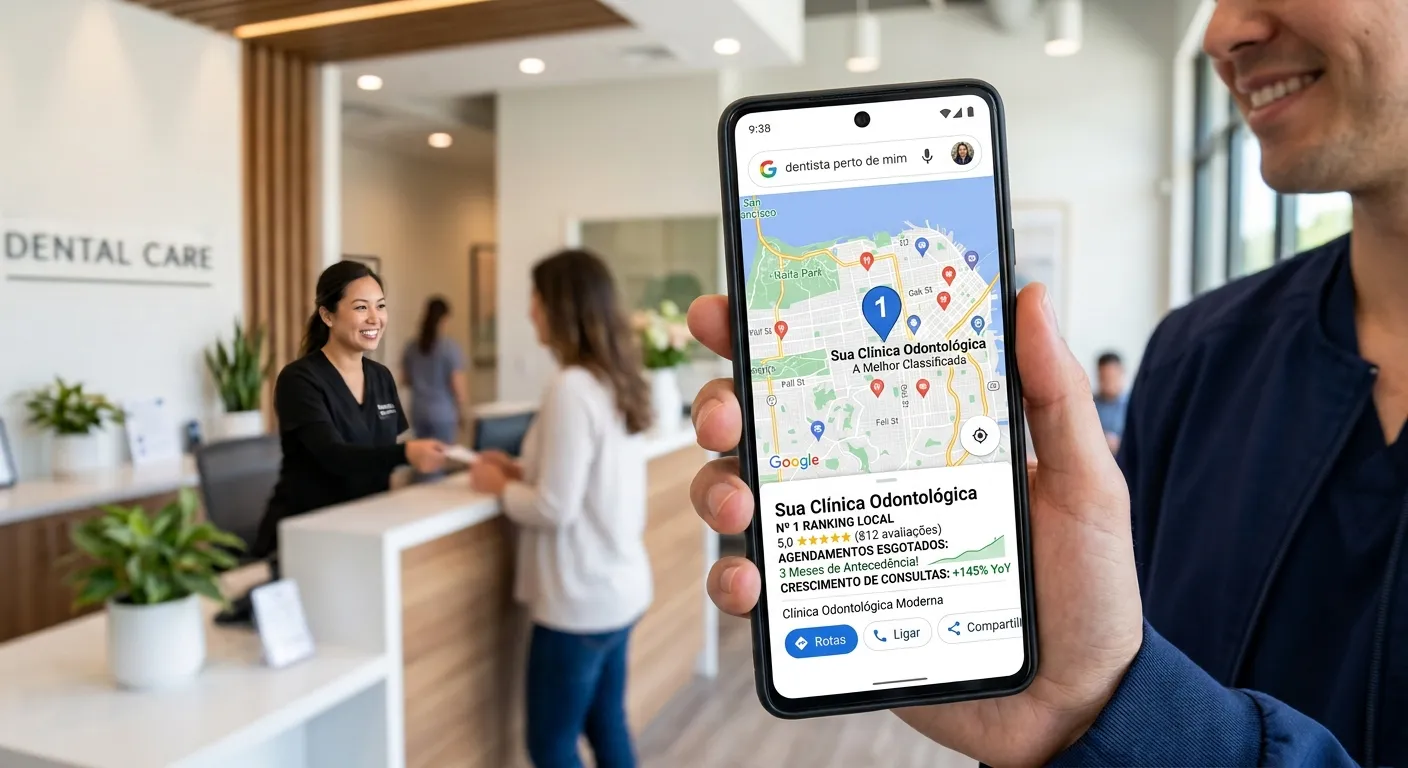 Imagem de um maão segunrando um smartphone e mostrando a importância do Google Maps para clínicas odontológicas