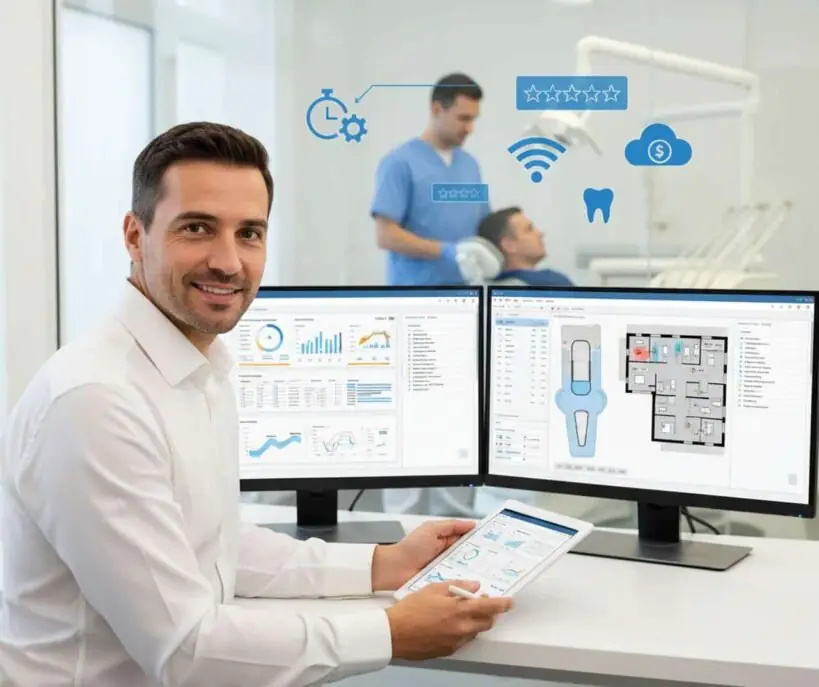 homem de frente para computador com duas telas em clínica odontológica